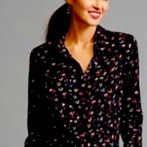 Cabi Ferris Button Front Black Confetti Print Long Sleeve Shirt Women's size m